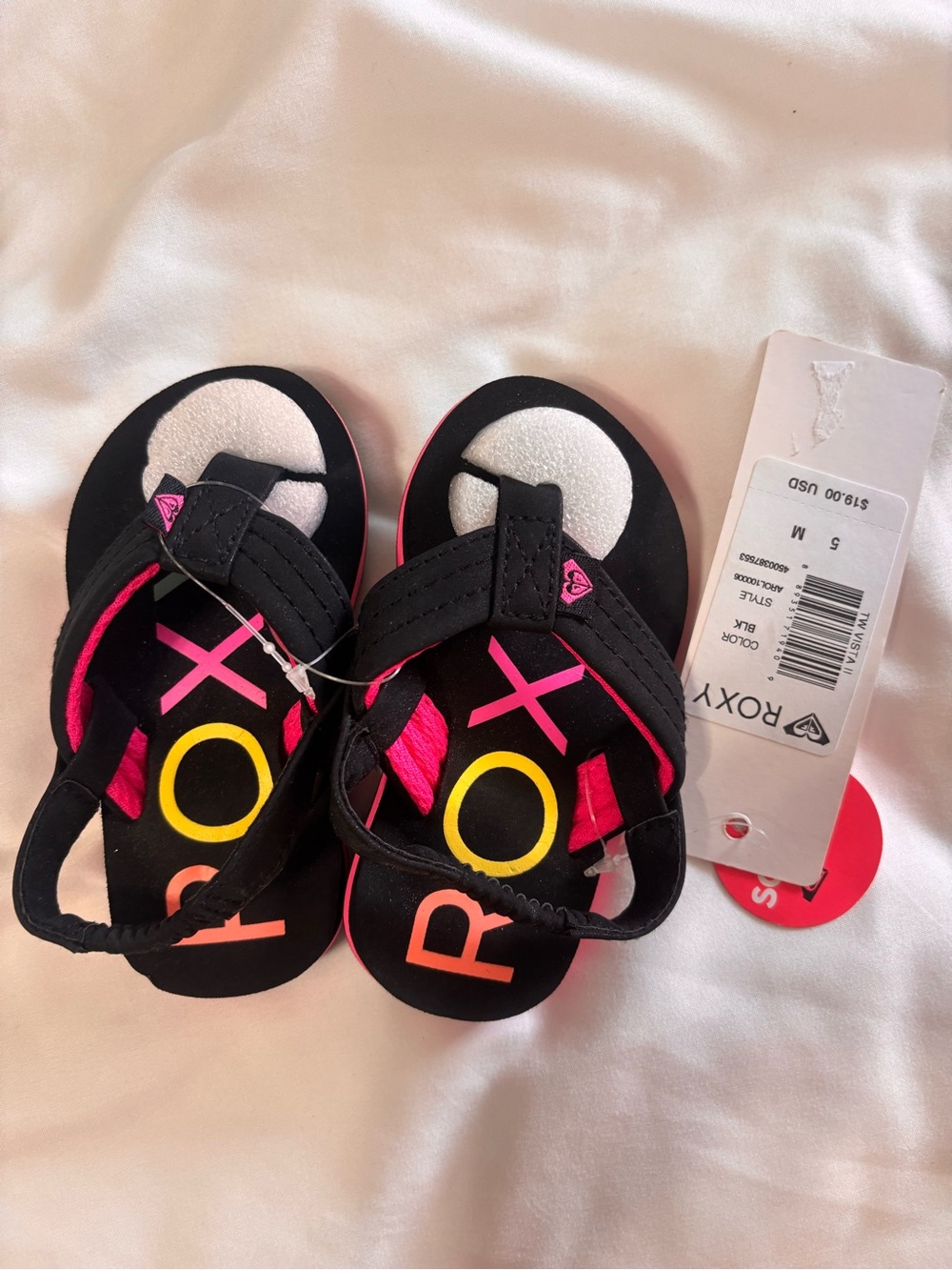 Roxy Kids Black Sandals with Pink and Yellow XOX Graphic